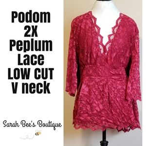 NWT SEXY Red Lace Low Cut V- neck Peplum T…